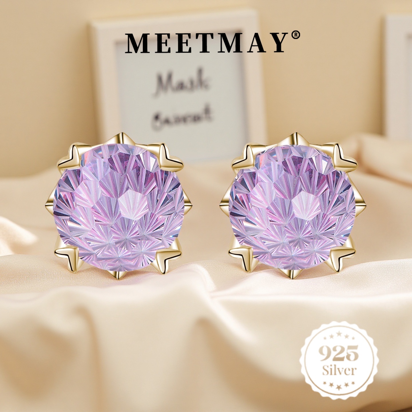 Violet Synthetic CZ Stud Earrings, 18K Gold Plated